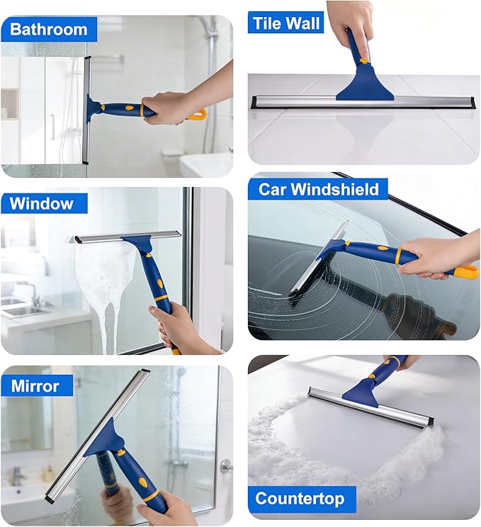 ITTAR 12 inch Rotatable Shower Squeegee for Glass Doors, Multi-Purpose Window Squeegee with Hook & Refill Rubber Blade, Bathroom Cleaner Tool for Shower Door Window Mirror Wall Car Windshield