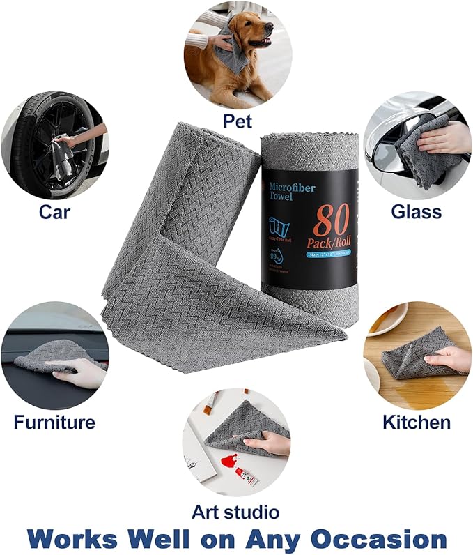 80 Pack Microfiber Cleaning Cloth Roll Reusable Paper Towels 12"x12" Tear Away Cloth,Absorbent Dish Rags for House Kitchen,Wash Cloths,Lint Free Rags for Window Cars Cleaning Supplies