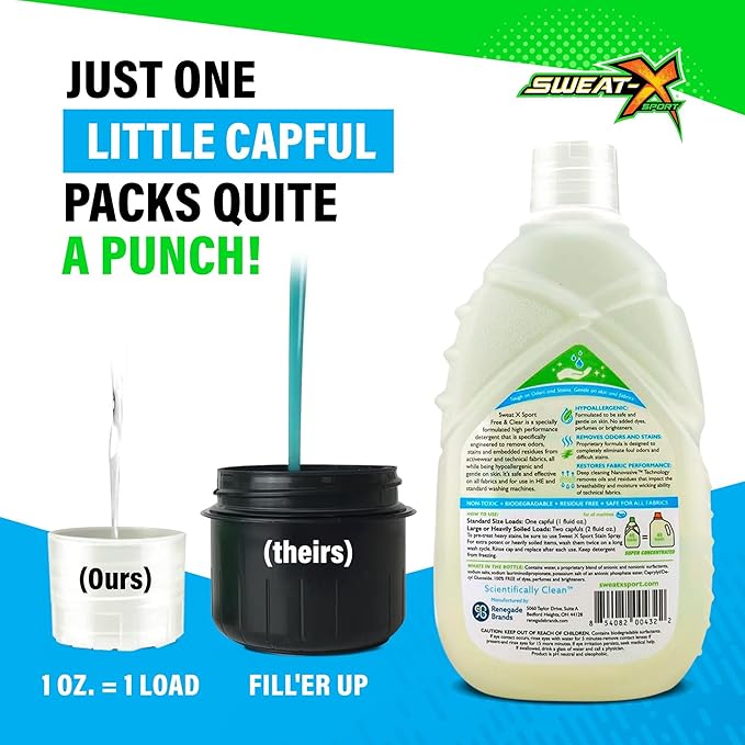 SWEAT X Free & Clear Laundry Detergent Liquid - Organic, Natural Non Toxic Laundry Detergent for Sensitive Skin - Gentle Washing Detergent for Activewear & Performance Fabrics - 45 Loads, 1 Bottle