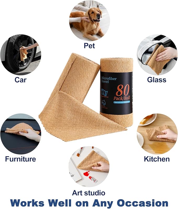 80 Pack Microfiber Cleaning Cloth Roll Reusable Paper Towels 12"x12" Tear Away Cloth,Absorbent Dish Rags for House Kitchen,Wash Cloths,Lint Free Rags for Window Cars Cleaning Supplies