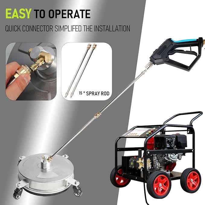 Hourleey 14" Pressure Washer Surface Cleaner, Stainless Steel Surface Cleaner with 4 Wheels for Concrete, Patio, Sidewalk, Deck, Pathway 1/4" Quick Connector, 2 Extension Wand, 4000 PSI