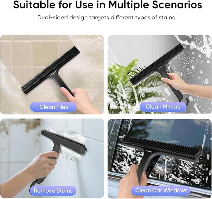 Shower Squeegee for Shower Glass Door Bathroom Accessories, Dual Head Wiper Cleans Water & Hair, Silicone Blade, Non-Slip Long Handle, Glass Window Door Wall Tile Cleaner