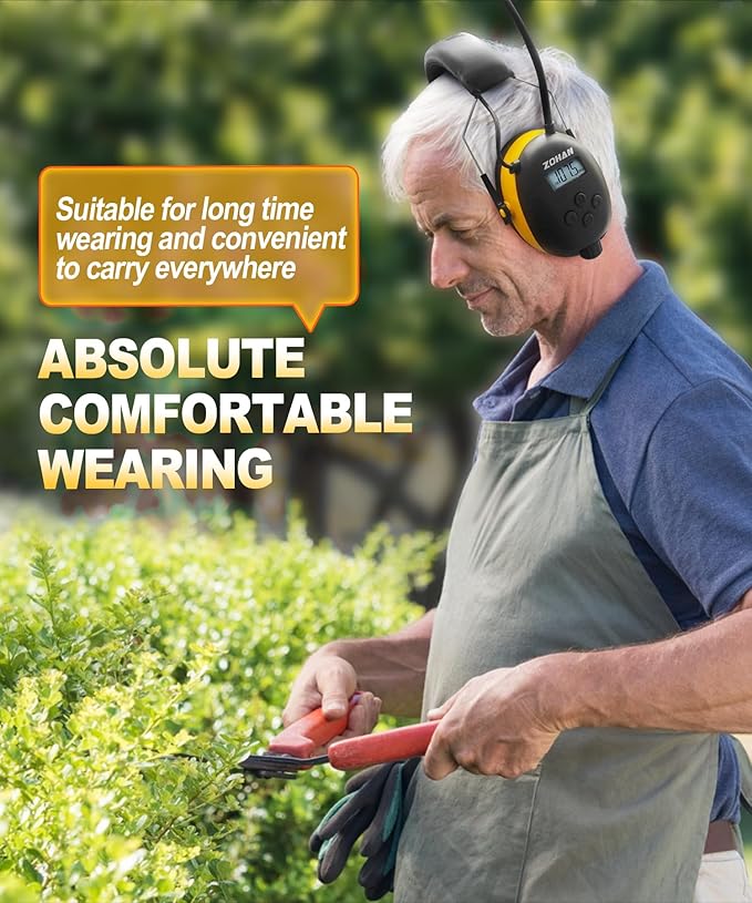 ZOHAN EM042 AM/FM Radio Headphone with Digital Display,Ear Protection Noise Reduction Safety Ear Muffs,Ultra Comfortable Hearing Protector for Lawn Mowing and Landscaping - Yellow