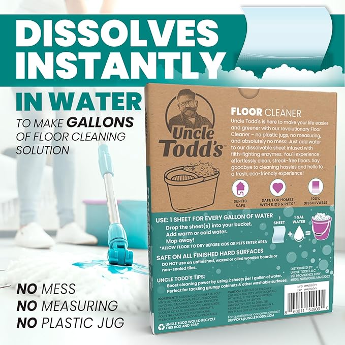 Uncle Todd's Ultra Concentrated Floor Cleaner For Mopping: 30 Natural, 100% Dissolvable Sheets for Mopping – Hardwood & Wood Floor Cleaner with Filth-Fighting Enzymes, Plastic-Free Packaging