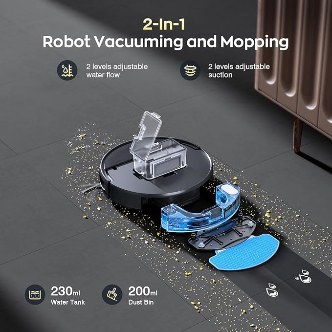Robot Vacuum and Mop Combo with APP/Voice/Remote Control, 2 in 1 Vacuuming & Mopping Robot, Schedule, Strong Suction, Tangle-Free, Slim & Quiet, for Homes with Pets, Low Pile Carpet & Hard Floors