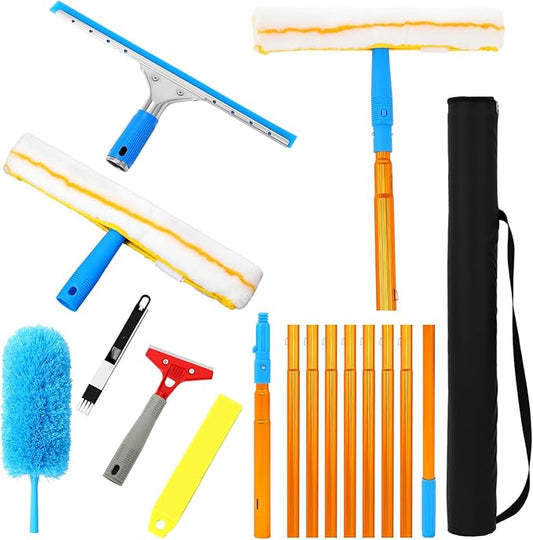 Leinuosen 6-30ft High Window Cleaning Kit with Titanium Alloy Extension Pole 2 in 1 Window Squeegee Scrubber Washable Dust Brush Tools for Indoor Outdoor High Windows Roof Ceilings Wall Car Glass