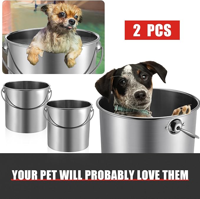 Hsei 2 Pcs Stainless Steel Bucket for Pet Cleaning, 5.3 Gallon Metal Bucket Water Pail with Handle for Fence Kennel Cage Garage Garden Workshop