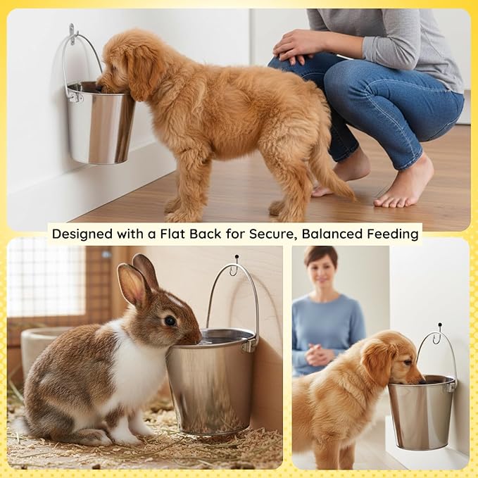 4 quart Stainless Steel Flat Side Bucket | 1 gal Durable Heavy Duty Food & Water Feeding Pails for Birds Dogs Cats Goat | Fits kennels Cages Critter Crates Hanging Pet Pail | Multipurpose