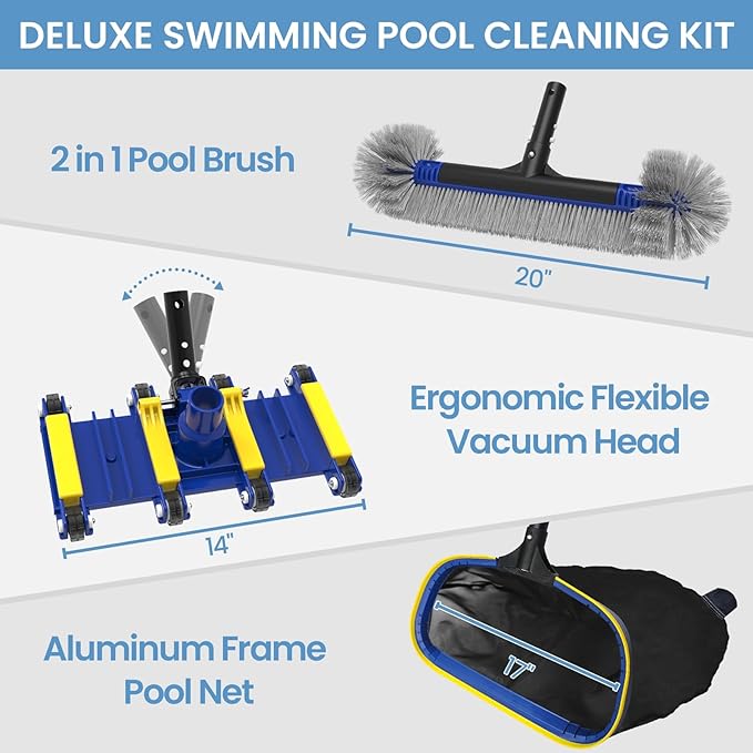 Poolvio Upgraded Pool Cleaning Kit – Weighted Vacuum Head with Wheels, 2-in-1 Pool Brush & Skimmer Net for Easy Debris Removal (No Pole)