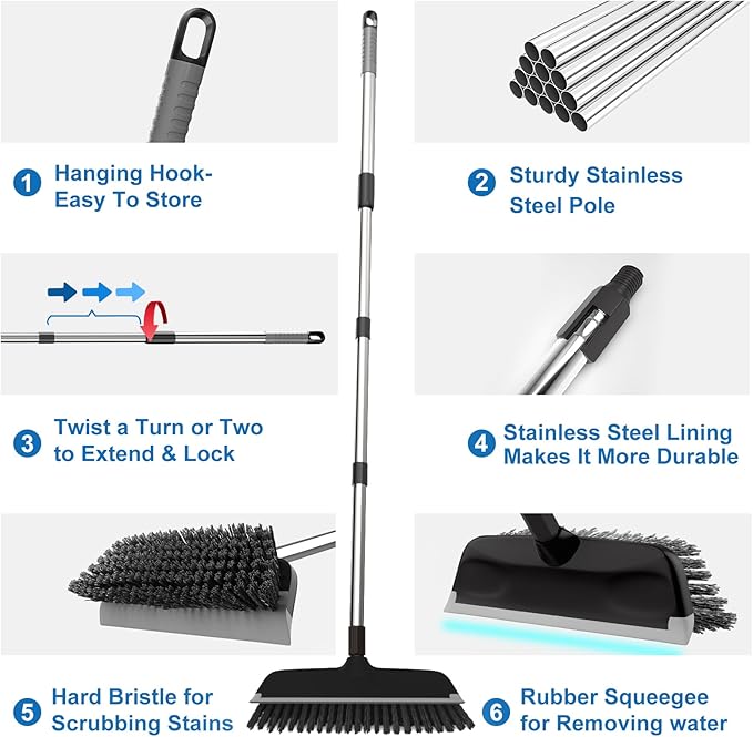 ITTAR Floor Scrub Brush with 55" Long Handle, 10" Wide Stiff Bristles Deck Brush, Stainsless Steel Pole Heavy-Duty Cleaning Brush, 2-in-1 Scrubber with Ruber Squeegee for Deck, Patio, Pool, Tile, Wall