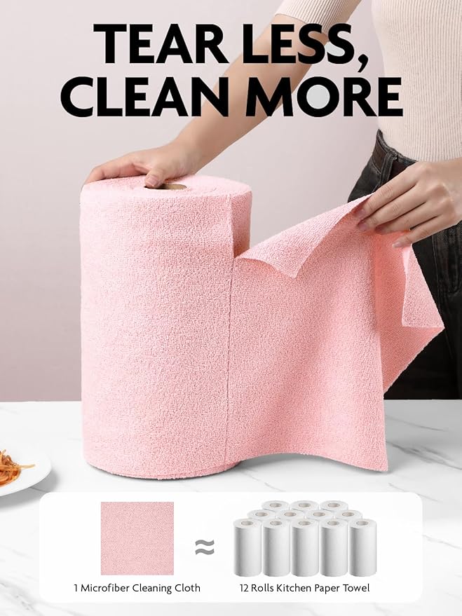 Fantasticlean Microfiber Cleaning Cloth Roll -90 Pack, Tear Away Microfiber Towels, 12" x 12", Reusable, Washable, Scratch Free, Ultra Absorbent Dishcloth for All-Around Cleaning Supplies (Pink)