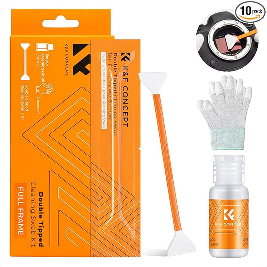 K&F Concept Full Frame Sensor Cleaning Kit, Mirrorless Camera Cleaner Kit - 20ml Sensor Cleaner, 10 X 24mm Double-Tipped Full Frame Sensor Cleaning Swabs & Gloves