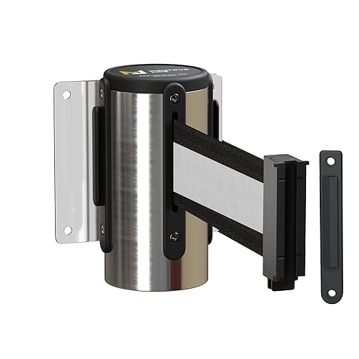 Montour Line WM115 Wall Mounted Retractable Belt Barrier with Standard Belt End, Fixed Mount, Polished Stainless Steel Casing (8.5 ft Black with White Horizontal Stripe Belt)