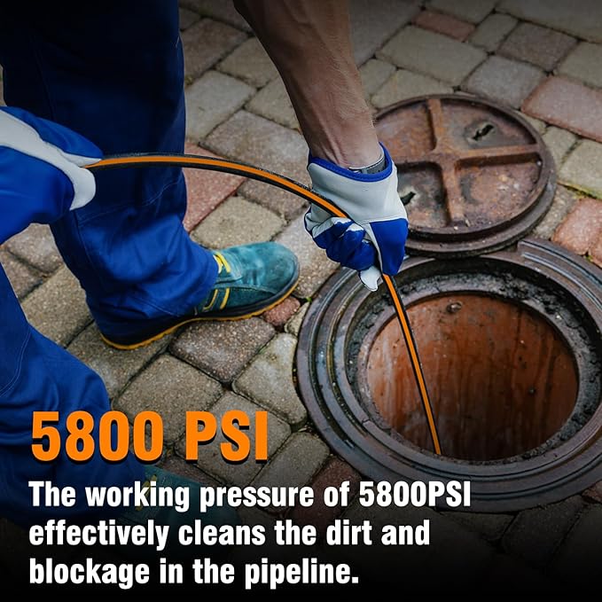 100FT Sewer Jetter Kit for Pressure Washer, 1/4" NPT Corner Drain Cleaner Hose 5800 PSI with Sewer Jetting Nozzles, Pearl Corsage Pin, Waterproof Tape, Extension Cord Organizer&2 Spanner