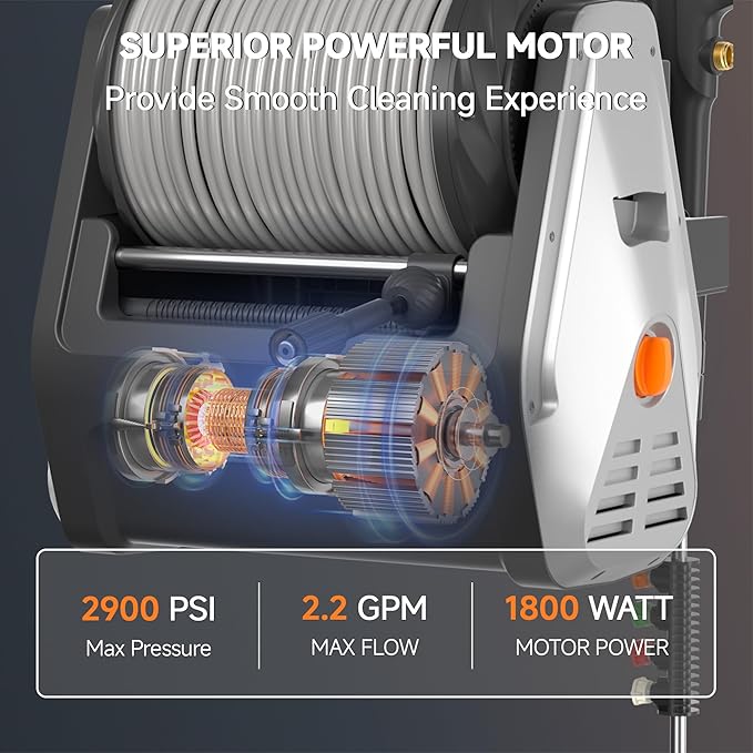 Giraffe Tools Wall Mounted Pressure Washer with 100ft Detachable Hose, Max 2900 PSI 2.2 GPM Electric Power Washer with 1800W Motor, Automatic Rewind, Any Length Locky