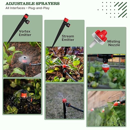 A ANLEOLIFE 100FT Drip Irrigation System Kit, Quick-Connect Garden Watering System with 1/2” & 1/4” Tubing, Y Splitter, 22 Adjustable Emitters & Nozzles for Garden Beds, Greenhouse, Yard