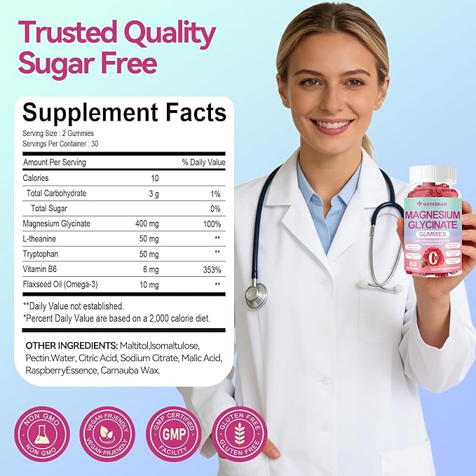 Magnesium Glycinate Gummies 400mg, Sugar Free Vegan Magnesium Supplement for Adults & Kids with L-threonate, B6, Tryptophan & Omega-3 for Sleep, Muscle & Calm Support, 60 Raspberry Chewables