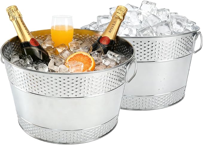 2PCS Galvanized Tub Ice Bucket For Parties, Thick Metal Galvanized Drink Buckets, Beverage Bucket with Handles,Drink Bucket for Indoor & Outdoor Party (Sliver)