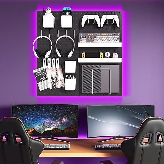 Peg Board Combination Kit, 8 Pegboards with 40 Accessories, Pegboard Wall Organizer for Office, Nursery & Home Storage, Key Holder, 51.2"x25.6" – Nail-Free Installation（Black）