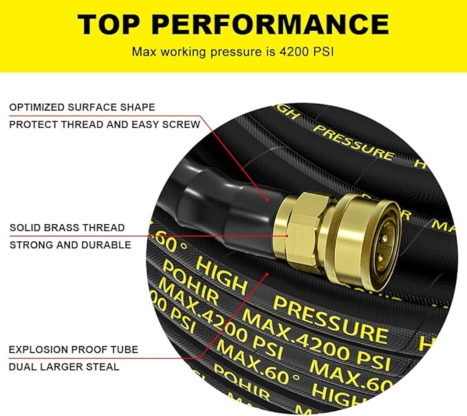 POHIR Power Washer Hose 25FT x 1/4 Inch with 3/8" Quick Connector, High Tensile Wire Braided Heavy Duty Kink Resistant High Pressure Hose 4200PSI, 2 Pcs M22 to 3/8 Adapters Set Accessories