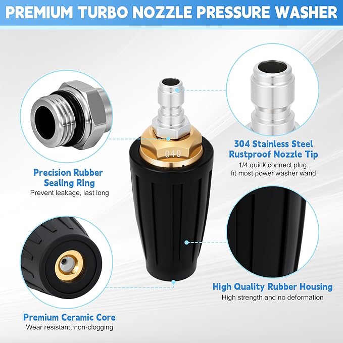 Turbo Nozzle Pressure Washer, Premium 4000 PSI Max Rotating Pressure Washer Nozzle Tips with 1/4 Quick Connect for Cleaning Driveway, Brick, Concrete, Patio, Vinyl Surface, 4.0 GPM 4.0 Orifice