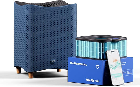 Mila Air Mini Smart Home Air Purifier with Overreactor H14 HEPA Replacement Filter, Removes Formaldehyde, VOCs, Dust & Odors, Ideal for Large Room or Bedroom, Quiet-Mode (Blue)