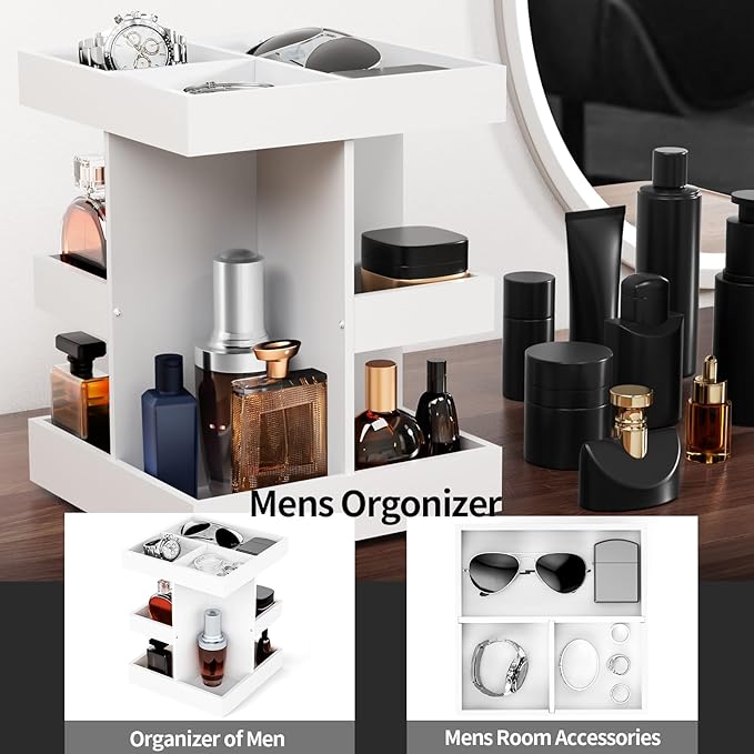 Cologne Organizer for Men, 3-Tier Large Capacity Wood 360° Rotating Cologne Stand, Desk/Nightstand/Bathroom Counter Perfume Storage, Birthday/Father's Day Gifts for Men(White)
