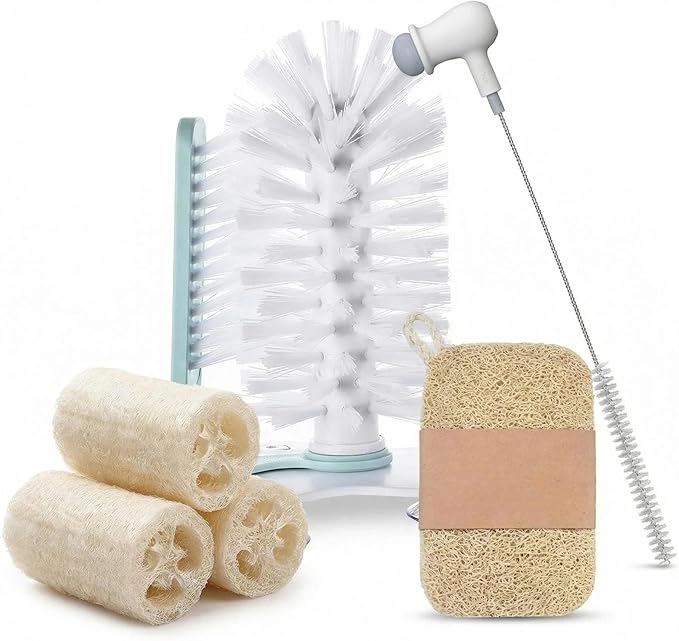 Ultimate 4-in-1 Kitchen Cleaning Set: Natural Loofah Roll, Pads, 3 Suction Cup Brushes (Dish/Bottle/Straw), Bendable Detail Brush - All-Purpose Scrubbing for Pots, Pans, Cups, Sinks, Corners