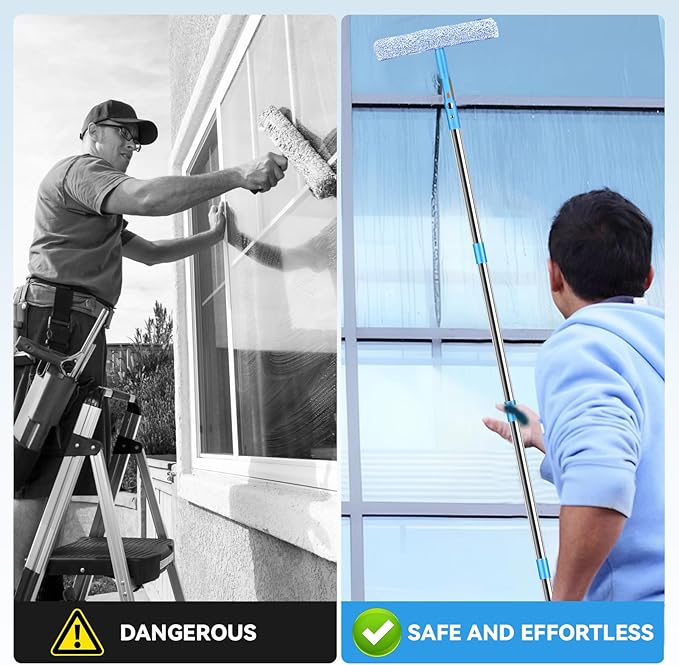 3m Window Cleaner Tool Kit with Long Handle, 35cm Window Washing Squeegee & 38cm Scrubber Cleaning Equipment for High Windows, Shower Glass, Car, RV (Blue)