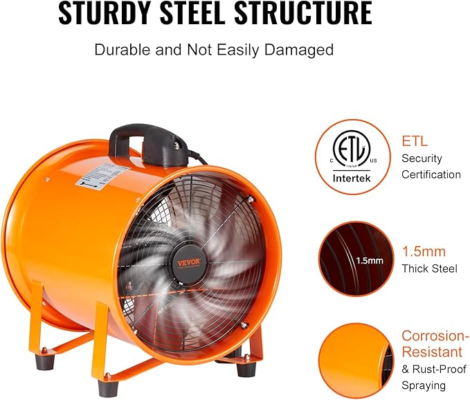 VEVOR Air Mover Blower Fan 12 Inch, 3198CFM 585W with 16.4ft Flexible Duct, Industrial Portable Ventilator Blower/Exhaust, Orange