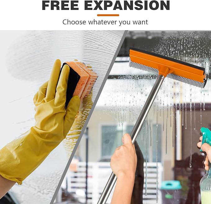 2 in 1 Window Squeegee for Home,15.9" Car Window Cleaner with Long Stainless Steel Handle,Sponge Car Squeegee for Gas Station, Glass,Shower,Outdoor High Window Cleaning