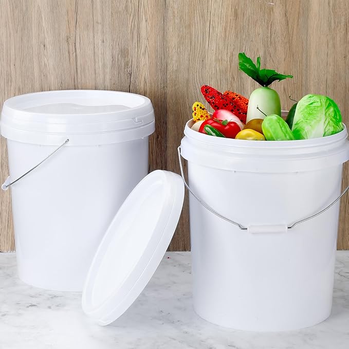 Gerrii 10 Pack White Plastic Bucket with Handle and Lid Food Storage Bucket Containers All Purpose Pail for Multipurpose Paint Water Art Crafts Projects Garage Organization (White,3.5 Gallon)