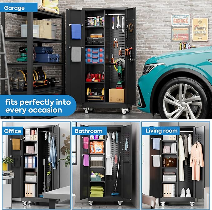 SUXXAN Broom Closet Storage Cabinet with Wheels 71.4"x 33.9"x16.9", Metal Cleaning Cabinets with Hooks and Hanging Rods, Lockable Cabinet with Pegboard, Adjustable Shelf,for Garage, Laundry Room