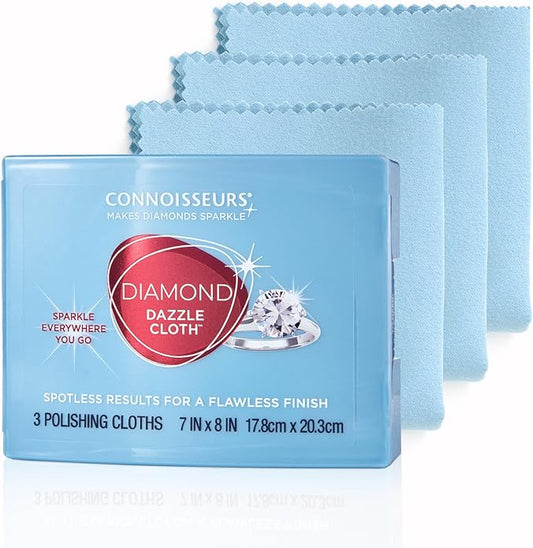 Connoisseurs Diamond Dazzle Cloth for Jewelry and Precious Stones - 3 Pack - Ultrasoft Microsuede Jewelry Cleaner Cloth - Includes Travel Case