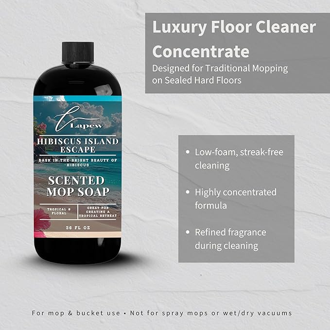 Luxury Floor Cleaner, Scented Mop Soap Concentrate | Hard Floor Cleaner for Tile, Vinyl, Laminate, LVP & Sealed Hardwood | Low-Foam, Streak-Free | 36 oz | Hibiscus Island Escape