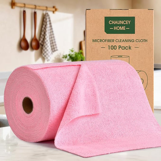 Microfiber Cleaning Cloth Roll - 100 Pack Tear Away Microfiber Paper Towels, Reusable, Washable, Scratch-Free, Kitchen Towels for Car, Home, Kitchen, Glass, Dishes(Pink)