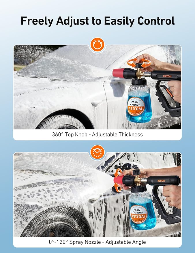 AstoAI Foam Cannon for Pressure Washer, Snow Clear Foam Cannon, Wide Neck Foam Blaster Adjustable Nozzle for Car Wash Accessories, with 1/4 Inch Quick Connector, 1 L Clear Bottle