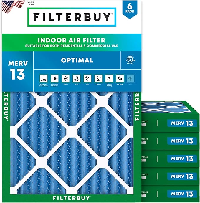 Filterbuy 18x25x2 Air Filter MERV 13 Optimal Smoke & Allergy Defense (6-Pack), Electrostatic Pleated HVAC AC Furnace Filters Replacement, Made in USA (Actual Size: 17.50 x 24.50 x 1.75)