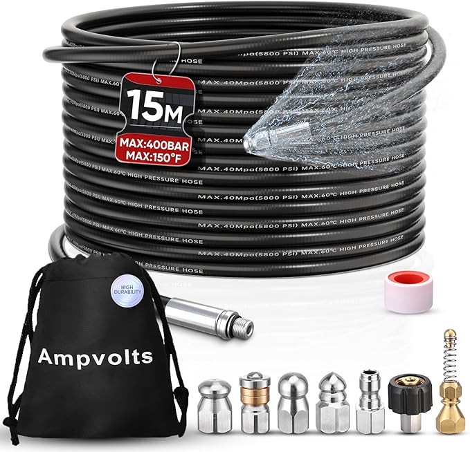 50FT Sewer Jetter Kit for Pressure Washer, 5800 PSI Drain Cleaning Hose with 5 Jet Nozzles & 2 Adapters, Compatible with Spray Guns and Power Washers, Ideal for Clogged Pipes and Drains