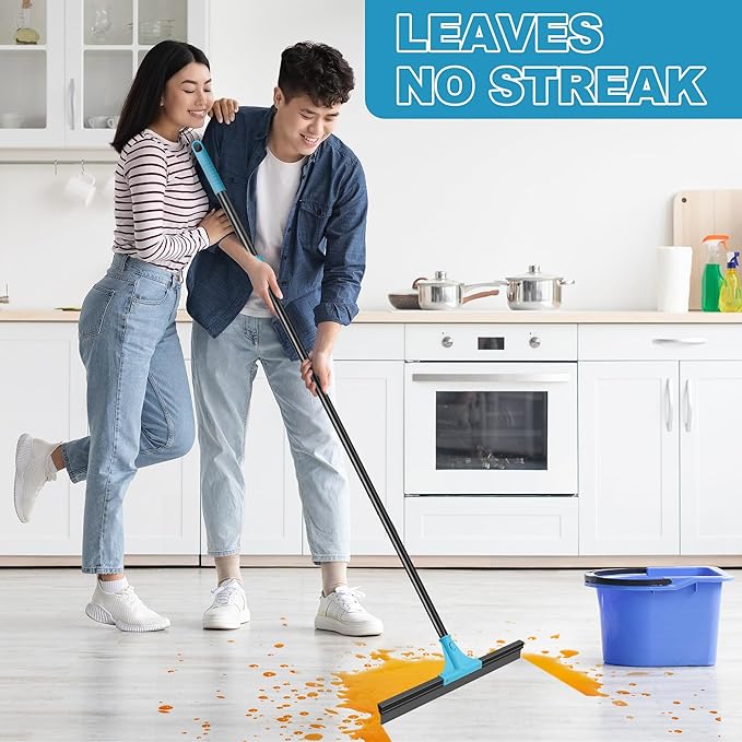 NEWE Floor Squeegee Broom with 18’’ Heavy Duty Rubber Scraper and 58.3’’ Telescopic Long Handle for Garage Concrete Bathroom Tile Shower Glass Marble Deck Window