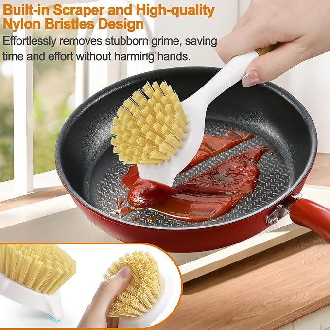 Dish Brush with Handle,Kitchen Scrub Brushes for Cleaning, Dish Scrubber with Stiff Bristles for Sink, Pots, Pans, 1 Pack
