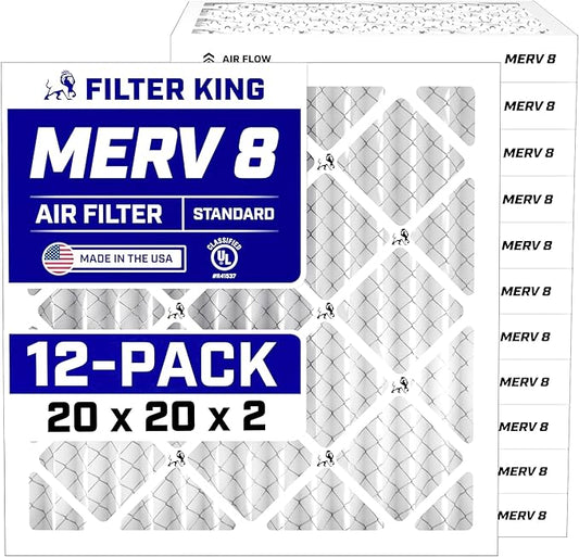 Filter King 20x20x2 Air Filter | 12-PACK | MERV 8 HVAC Pleated A/C Furnace Filters | MADE IN USA | Actual Size: 19.5 x 19.5 x 1.75"