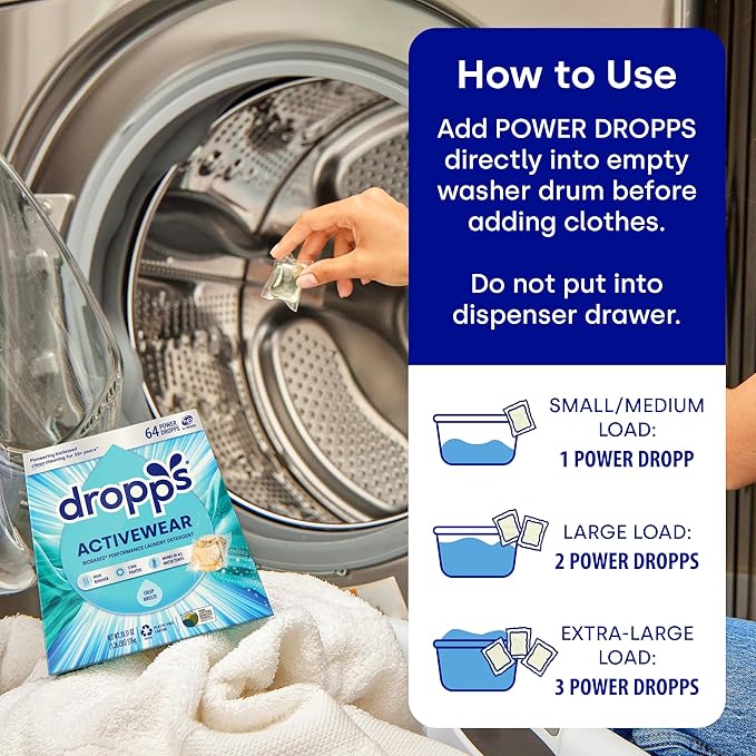 Dropps Activewear Biobased Power Laundry Detergent Pods, Crisp Breeze (64 Count) - Laundry Pods Fights Tough Stains & Odors, Sweat & Dirt - HE Compatible Laundry Supplies for Clean Clothes