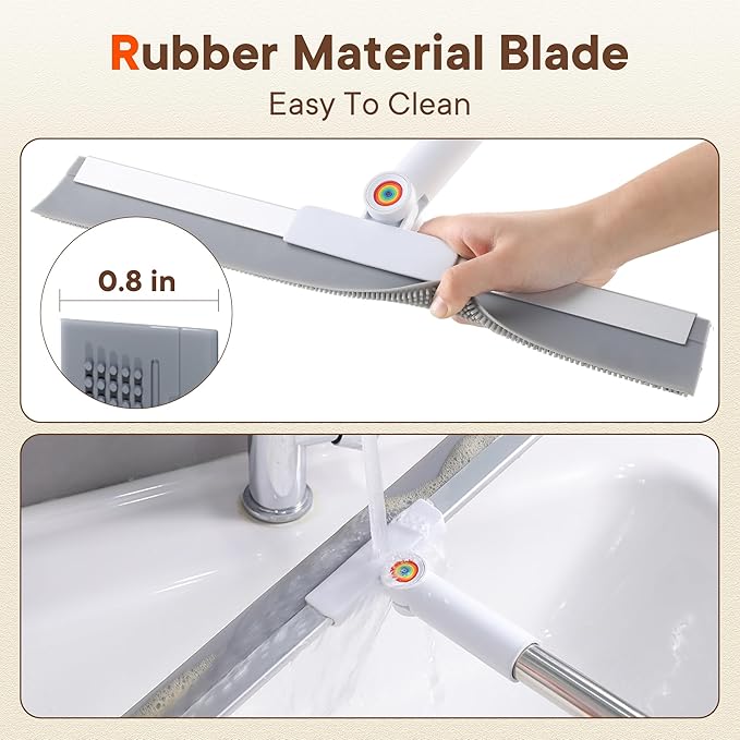 Floor Squeegee for Concrete Floors, 180° Rotating Silicone Broom, Squeegee for Floor with Long Handle and Textured Squeegee Design, Water and Pet Hair Remover for Bathroom Floors, Tile, Deck and Glass