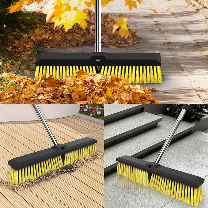 18 Inches Push Broom Outdoor with 65" Adjustable Handle, Heavy Duty Outdoor Broom with Stiff Bristles, for Cleaning Yard, Garage, Shop, Driveway, Wood, Stone, Deck, Concrete, and Tile Floor.