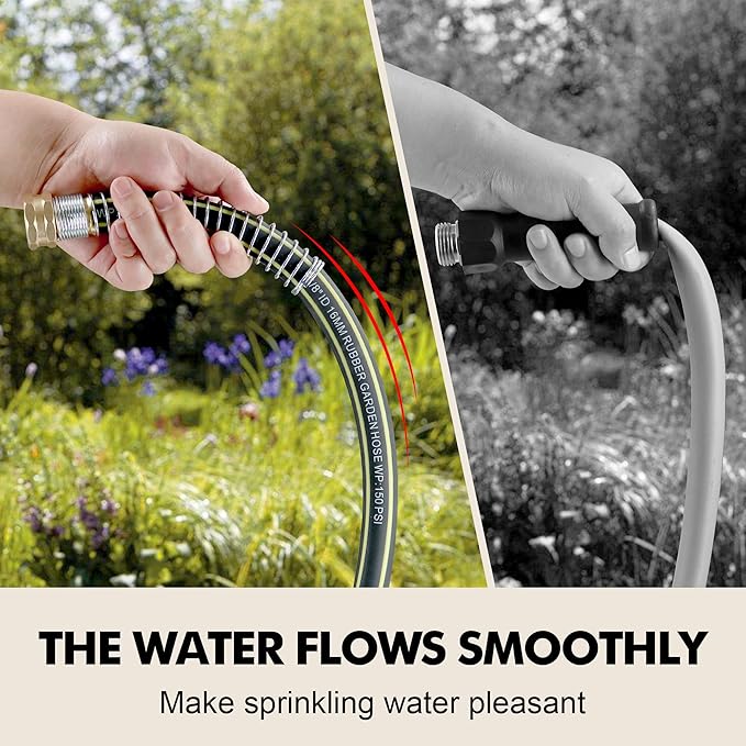 Lightweight Rubber Garden Hose 50 ft, 5/8" Hybrid Rubber Hose with Solid Brass Fitting, Water Hose Pipe for Outdoor, Cleaning & Washing
