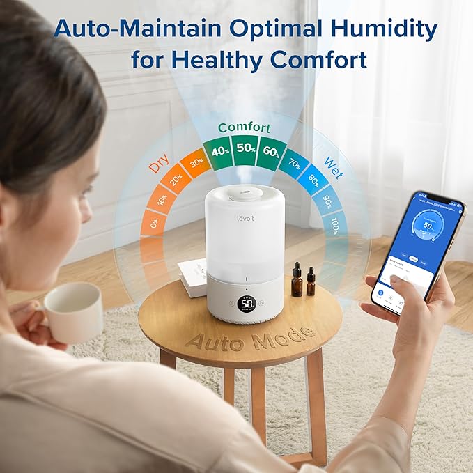 LEVOIT Smart Cool Mist Top Fill Humidifiers for Bedroom with Sensor, Auto Humidity Setting, APP & Voice Control, Essential Oil Diffuser, Ultra Quiet Operation, Super Easy Top Fill, 3L, White