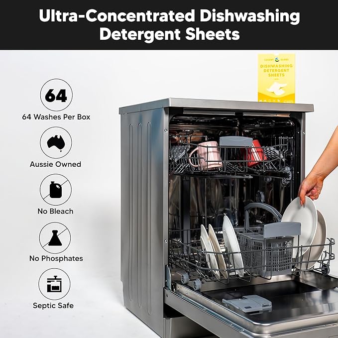 Lucent Globe Dishwasher Dishwashing Detergent Sheets, Dish Soap & Dishwashing Tablets Alternative. Plant-Based, Eco-Friendly, Lemon Scent & Plastic Free Packaging (64 Sheets)