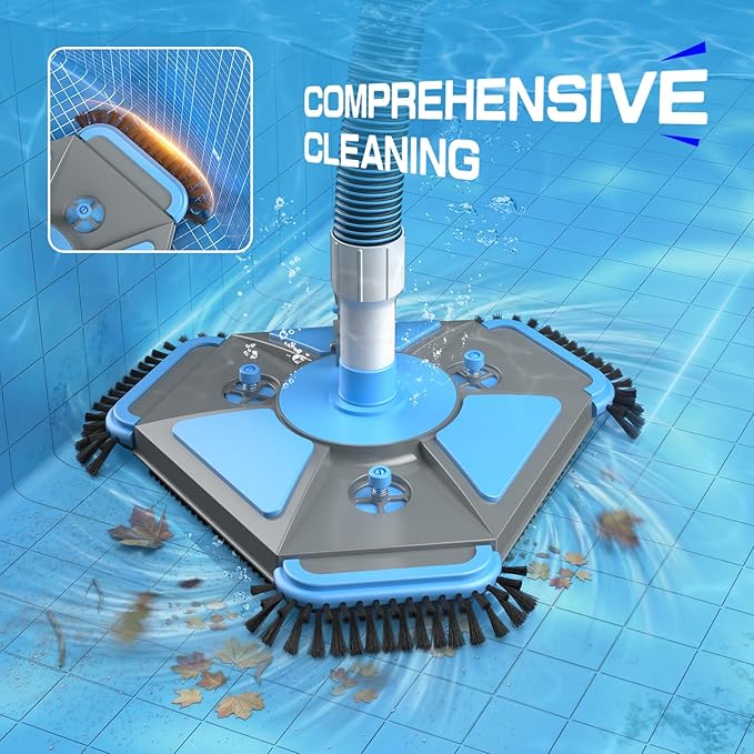 UIRWAY Upgrade Pool Vacuum Head with Side Brush & 360° Swivel Cuff, 1-1/2" x 30 Ft Heavy Duty Manual Kink-Resistant Vacuum Hoses, Weighted Triangular Shape for Inground & Above Ground Pool(No Pole)