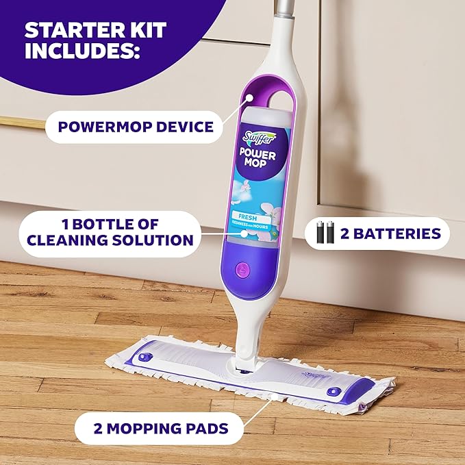 Swiffer PowerMop Multi-Surface Mop Kit for Floor Cleaning, Includes PowerMop, 2 Mopping Pad Refills, 1 Cleaning Solution with Fresh Scent and 2 Batteries